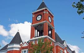 Front view of the clock tower when looking up from the ground
