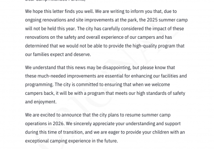 **PUBLIC ANNOUNCEMENT CLOSURE OF 2025 SUMMER CAMP** 
