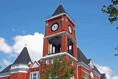 Front view of the clock tower when looking up from the ground