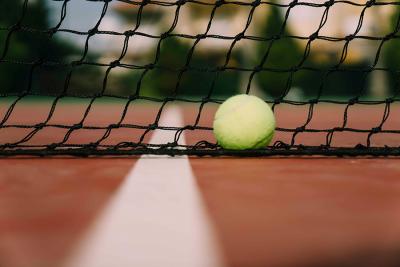 Photo of a tennis ball resting at the net 