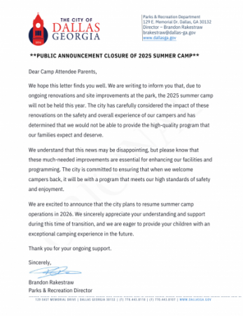 **PUBLIC ANNOUNCEMENT CLOSURE OF 2025 SUMMER CAMP** 