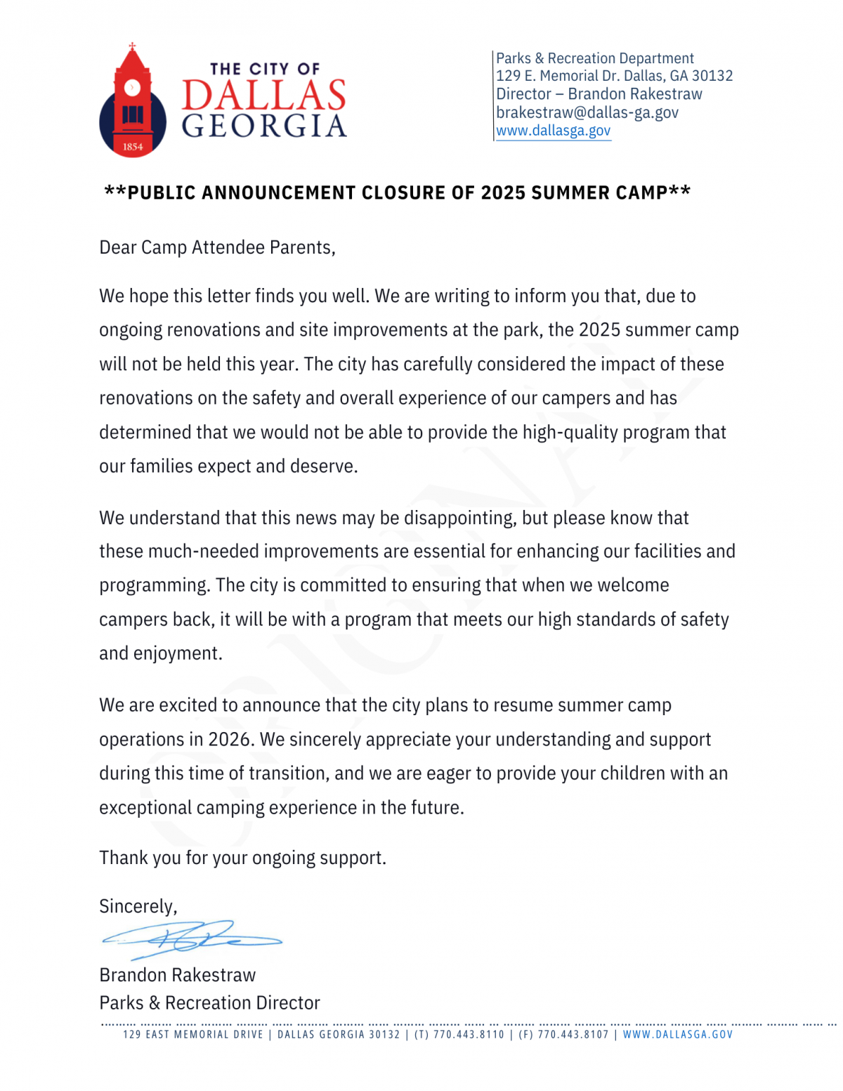 **PUBLIC ANNOUNCEMENT CLOSURE OF 2025 SUMMER CAMP** 