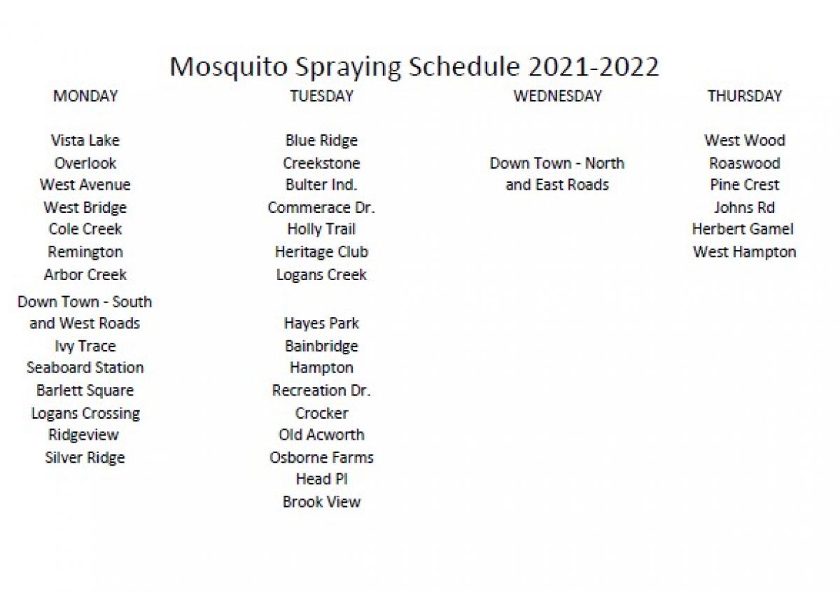 Mosquito Spray Schedule 2021-2022